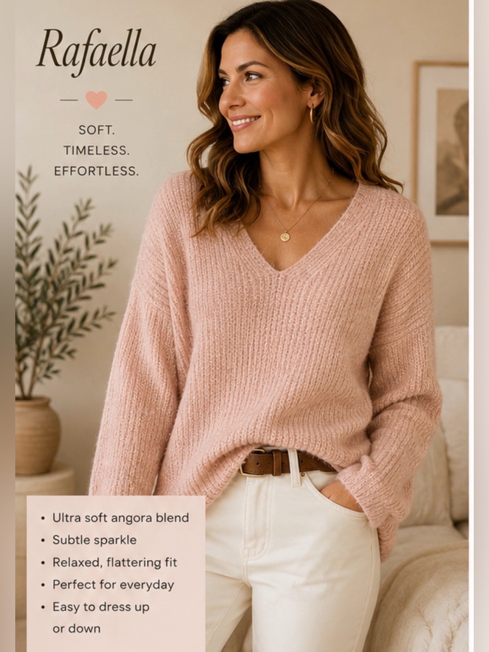 Vintage Rafaella Angora Lambswool Sweater M Blush Pink Metallic Sparkle V Neck